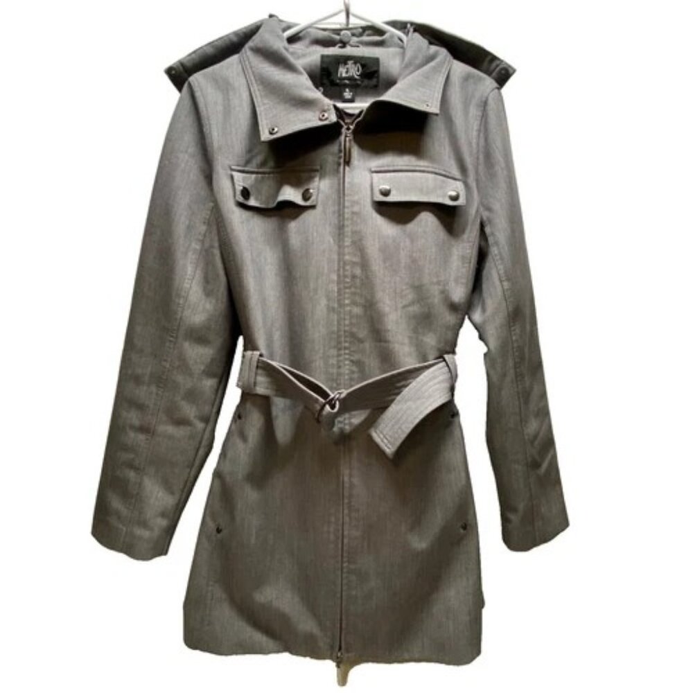 Metro by Kristen Blake Trench Coat Women's XL Gray Full Zip‎ Hooded Jacket EUC